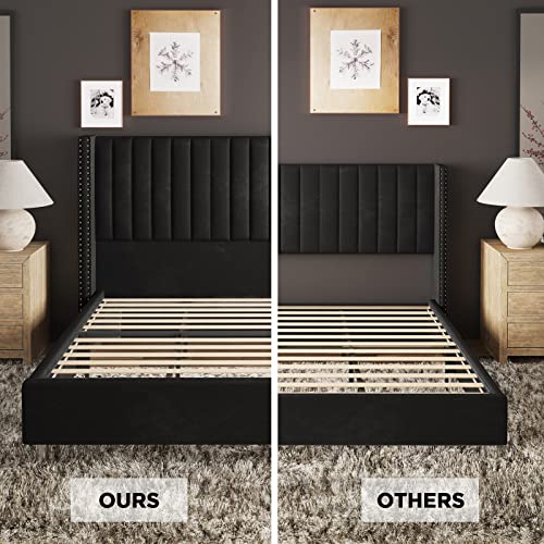 Jocisland Bed Frame King Size Upholstered Bed Wingback Headborad Velvet Channel Tufted/No Box Spring Needed/Black