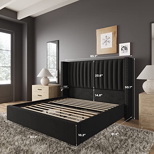 Jocisland Bed Frame King Size Upholstered Bed Wingback Headborad Velvet Channel Tufted/No Box Spring Needed/Black