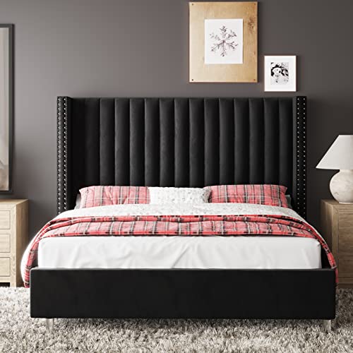 Jocisland Bed Frame King Size Upholstered Bed Wingback Headborad Velvet Channel Tufted/No Box Spring Needed/Black