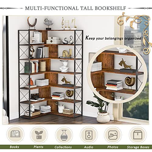 7-Tier Corner L-Shaped Bookcase Tall Bookshelf with Open Storage Industrial Etagere Shelf, Freestanding, Metal Frame, Brown
