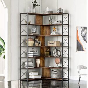 7-Tier Corner L-Shaped Bookcase Tall Bookshelf with Open Storage Industrial Etagere Shelf, Freestanding, Metal Frame, Brown