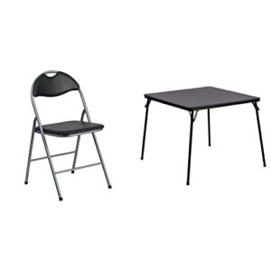 flash furniture 4 pack hercules series black vinyl metal folding chair with carrying handle & madelyn folding card table - black | portable square table with collapsible legs