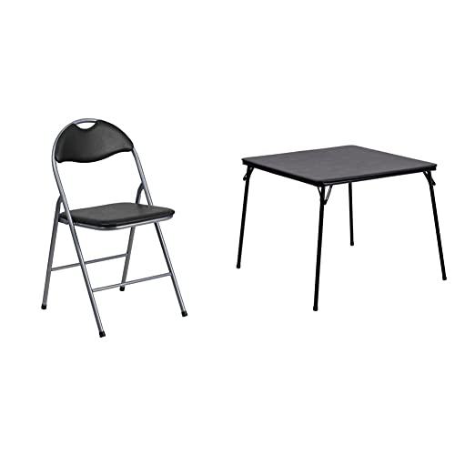 Flash Furniture 4 Pack Hercules Series Black Vinyl Metal Folding Chair with Carrying Handle & Madelyn Folding Card Table - Black | Portable Square Table with Collapsible Legs