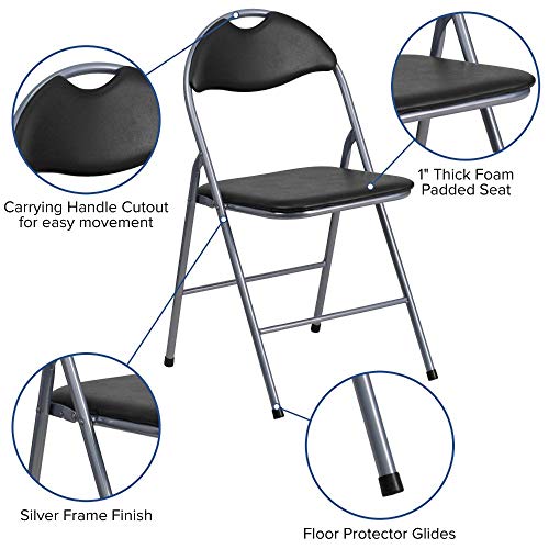 Flash Furniture 4 Pack Hercules Series Black Vinyl Metal Folding Chair with Carrying Handle & Madelyn Folding Card Table - Black | Portable Square Table with Collapsible Legs