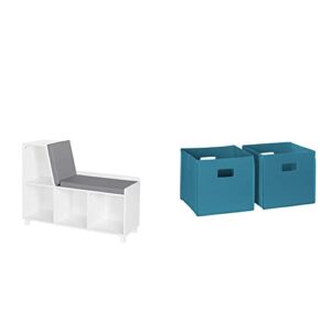 riverridge book nook collection kids cubbies storage bench, white & folding bin, turquoise, 2 piece
