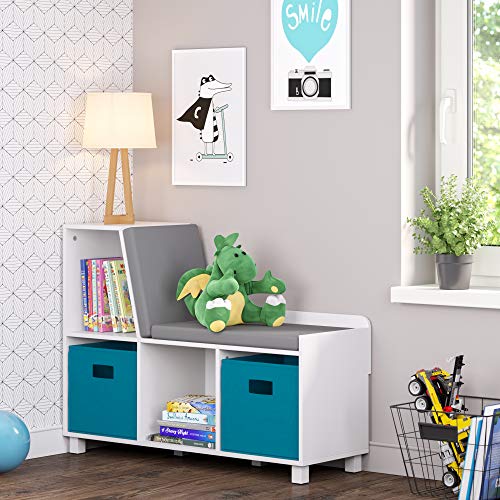 RiverRidge Book Nook Collection Kids Cubbies Storage Bench, White & 2 Pc Storage Set in Gray Folding Bin, 2 Count