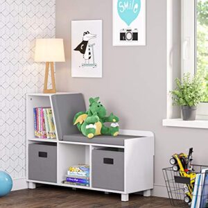 RiverRidge Book Nook Collection Kids Cubbies Storage Bench, White & 2 Pc Storage Set in Gray Folding Bin, 2 Count