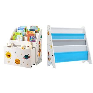 songmics kids bookshelf, toy organizer & kids’ bookcase, book organizer, with anti-tip kit, storage shelf for children's room, playroom, school, space-saving design, white, blue and gray ugkr72wt