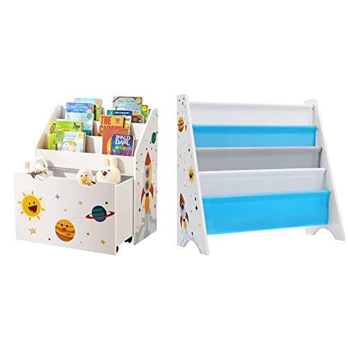 SONGMICS Kids Bookshelf, Toy Organizer & Kids’ Bookcase, Book Organizer, with Anti-Tip Kit, Storage Shelf for Children's Room, Playroom, School, Space-Saving Design, White, Blue and Gray UGKR72WT