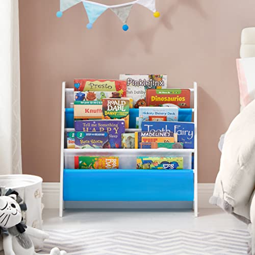 SONGMICS Kids Bookshelf, Toy Organizer & Kids’ Bookcase, Book Organizer, with Anti-Tip Kit, Storage Shelf for Children's Room, Playroom, School, Space-Saving Design, White, Blue and Gray UGKR72WT