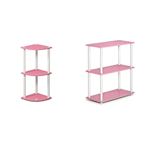 Furinno Turn-N-Tube 3-Tier Reversible Corner Display Rack Multipurpose Shelving Unit, Pink/White & Turn-N-Tube 3-Tier Compact Multipurpose Shelf Display Rack, Pink/White