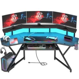 auromie 72" gaming desk with power outlet & led strip, large wing-shaped computer desk w monitor stand & keyboard tray & rgb mouse pad, studio desk w storage shelf headphone hook cup holder
