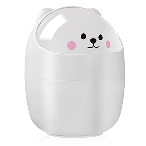 VOSAREA Mini Trash Can Desktop Trash Can Cartoon Bear Shape Wastebasket Small Table Waste Bin with Shake Lid for Home Office Desk (White)