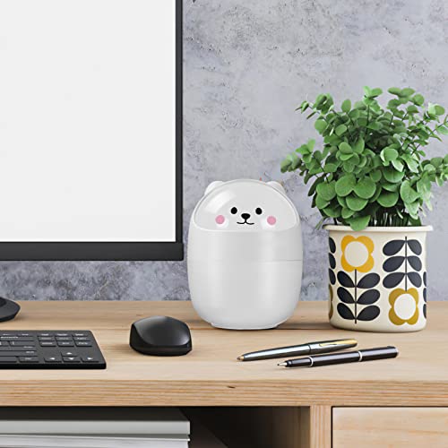 VOSAREA Mini Trash Can Desktop Trash Can Cartoon Bear Shape Wastebasket Small Table Waste Bin with Shake Lid for Home Office Desk (White)