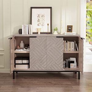 HLR 47" Buffet Cabinet with 4 Doors & Shelves, Farmhouse Sideboard Wood Accent Cabinet Storage Cabinet with Black Metal Legs for Dining Living Room,Entryway, Hallway & Office