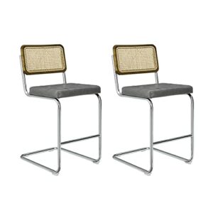 volans bar stools set of 2, armless rattan bar stools 26" with oak back frame, mid-century modern bar stools with chrome metal legs, pu leather seat bar chairs for kitchen island, gray
