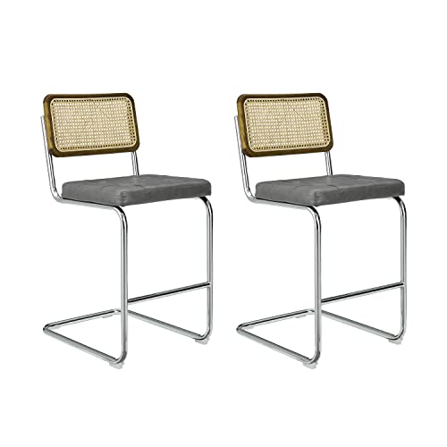 Volans Bar Stools Set of 2, Armless Rattan Bar Stools 26" with Oak Back Frame, Mid-Century Modern Bar Stools with Chrome Metal Legs, PU Leather Seat Bar Chairs for Kitchen Island, Gray