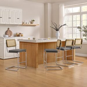 Volans Bar Stools Set of 2, Armless Rattan Bar Stools 26" with Oak Back Frame, Mid-Century Modern Bar Stools with Chrome Metal Legs, PU Leather Seat Bar Chairs for Kitchen Island, Gray