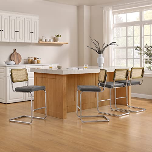 Volans Bar Stools Set of 2, Armless Rattan Bar Stools 26" with Oak Back Frame, Mid-Century Modern Bar Stools with Chrome Metal Legs, PU Leather Seat Bar Chairs for Kitchen Island, Gray