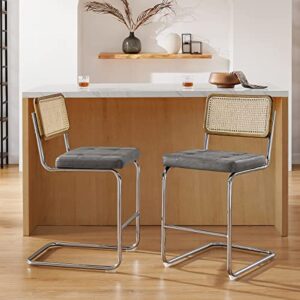 Volans Bar Stools Set of 2, Armless Rattan Bar Stools 26" with Oak Back Frame, Mid-Century Modern Bar Stools with Chrome Metal Legs, PU Leather Seat Bar Chairs for Kitchen Island, Gray