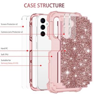 LONTECT for Galaxy A14 5G Case with 2 Tempered Glass Screen Protector+ 2 Camera Lens Protector,Three-Layer Shockproof Heavy Duty Full Body Sturdy Protective Case for Samsung Galaxy A14,Rose Gold