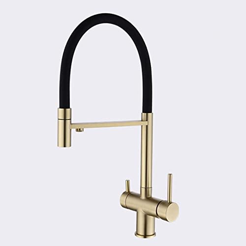 3 Way Kitchen Faucet for Filter Water System, Kitchen Taps Swivel Brass Hot and Cold Water Straight Drinking Water 3 in 1 Kitchen Sink Tap-Brushed Gold