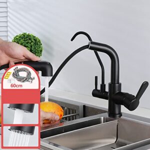 3 Way Kitchen Taps with Pull Out Spray, Kitchen Faucet Brass 360° Rotation Hot and Cold Water Multifunction 3 in 1 Kitchen Water Filter Faucet Black-B