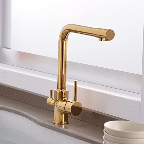 3 Way Kitchen Faucet for Filter Water System, Kitchen Taps Brass Purified Water Hot and Cold Water Swivel Kitchen Sink Tap-Gold