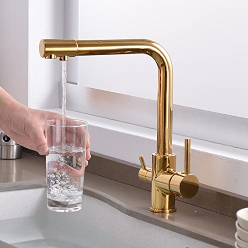 3 Way Kitchen Faucet for Filter Water System, Kitchen Taps Brass Purified Water Hot and Cold Water Swivel Kitchen Sink Tap-Gold