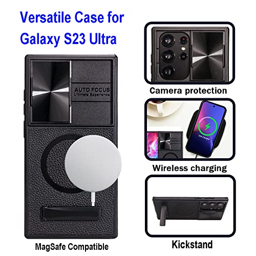 Woluki for Galaxy S23 Ultra Case Compatible with MagSafe, Built-in Slide Camera Cover, Versatile Metal Kickstand [3 Stand Ways] Military Grade Shockproof Phone Case for Samsung s23 Ultra 6.8" (Black)