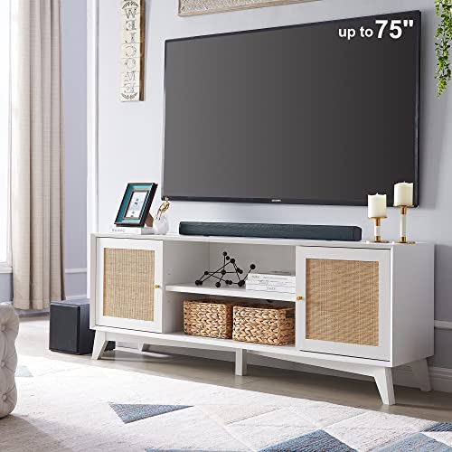 OKD TV Stand for 75+ Inch TV, Mid Century Modern Entertainment Center with Natural Rattan Door, Storage Shelves, Long Boho Media TV Console, Long Television Stand for Living Room, White