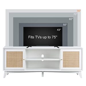 OKD TV Stand for 75+ Inch TV, Mid Century Modern Entertainment Center with Natural Rattan Door, Storage Shelves, Long Boho Media TV Console, Long Television Stand for Living Room, White