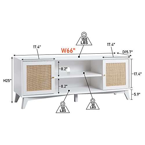 OKD TV Stand for 75+ Inch TV, Mid Century Modern Entertainment Center with Natural Rattan Door, Storage Shelves, Long Boho Media TV Console, Long Television Stand for Living Room, White