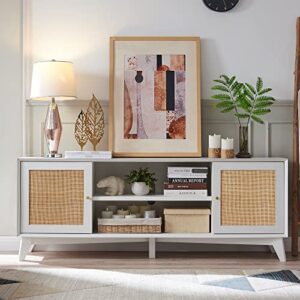 OKD TV Stand for 75+ Inch TV, Mid Century Modern Entertainment Center with Natural Rattan Door, Storage Shelves, Long Boho Media TV Console, Long Television Stand for Living Room, White