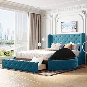 velvet upholstered queen platform bed with storage, queen size bed frame with headboard, 1 big drawer and 2 side storage stool, strong wooden slats/easy assembly/blue