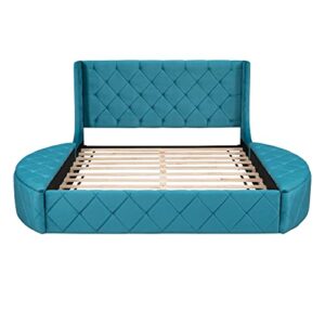 Velvet Upholstered Queen Platform Bed with Storage, Queen Size Bed Frame with Headboard, 1 Big Drawer and 2 Side Storage Stool, Strong Wooden Slats/Easy Assembly/Blue