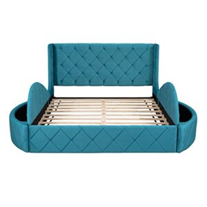 Velvet Upholstered Queen Platform Bed with Storage, Queen Size Bed Frame with Headboard, 1 Big Drawer and 2 Side Storage Stool, Strong Wooden Slats/Easy Assembly/Blue