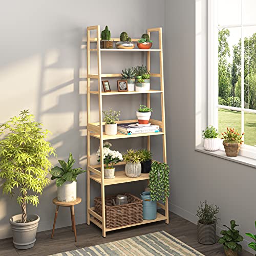 Noskatu Modern Ladder Bookshelf 5-Tier Wood Ladder Shelf for Books Movies Storage Shelf for Living Room Bathroom Kitchen Laundry Nature