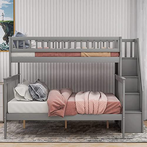 DNYN Stairway Twin-Over-Full Bunk Bed with Storage Shelves & Guardrail for Dorm, Kids Bedroom, Solid Pine Wood Bedframe, Space Saving Design & No Box Spring Needed, Grey