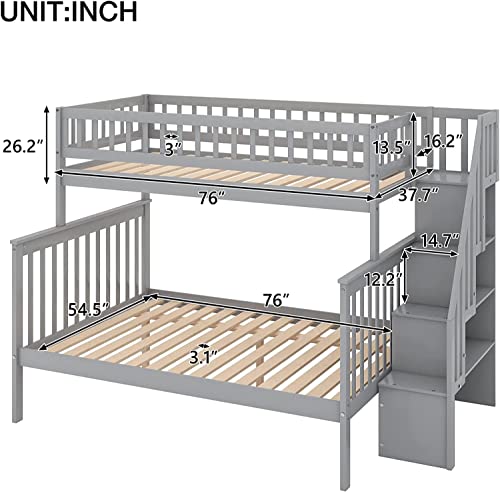 DNYN Stairway Twin-Over-Full Bunk Bed with Storage Shelves & Guardrail for Dorm, Kids Bedroom, Solid Pine Wood Bedframe, Space Saving Design & No Box Spring Needed, Grey