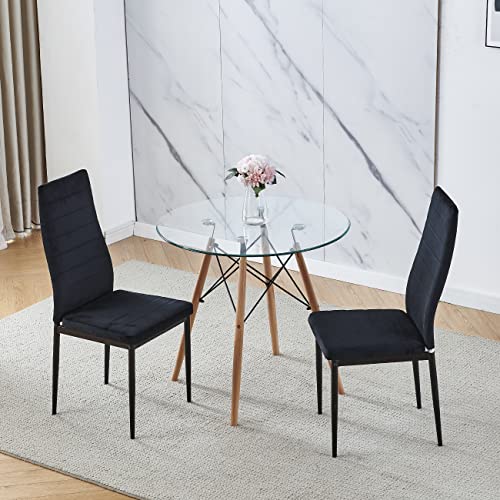 Saadiya Round Glass Dining Table Set for 2,Person Small Round Dinner Table and Velvet Chairs Set for Kitchen Room, 32 inch Leisure Coffee Table for Living Room Accent Table