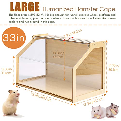 Large Hamster Cages Wooden Enclosure for Syrian Dwarf Hamsters, 33.15" L x 17.91" W x 19.72" H Humanize Habitat with Oblique Acrylic Door Durable HDF Waterproof Easy to Assemble and Clean, Clearance