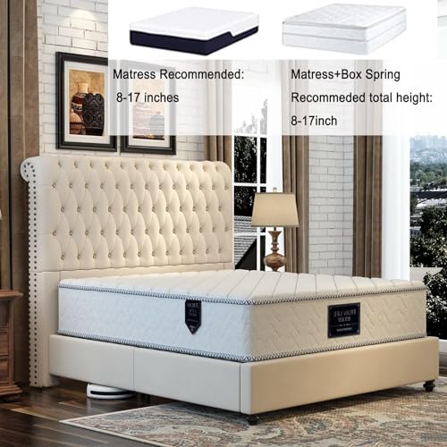 Jocisland King Size Upholstered Bed Frame and Headboard Sleigh PlatformTufted Bed/Cream