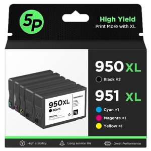 【upgrade chip】 950xl 951xl high-yield ink cartridges 5 combo pack, replacement for hp 950 951 xl ink cartridges, works with officejet pro 8600 8610 8620 8625 printer (2bk/1c/1m/1y)
