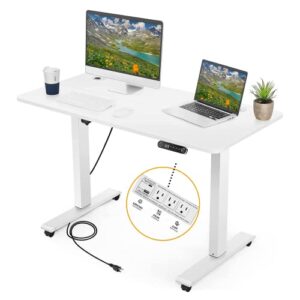 legooin electric standing adjustable height desk 59'' x 24''sit stand desk with charging station, 2 usb ports, 3 power outlets, 4 caster, 27''-45'' lifting range stand up desk(white)
