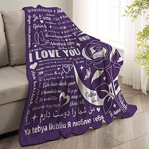 I Love You Gifts Blanket, 100 Languages Blanket Gifts for Mom Women Wife Girlfriend Mothers Day Anniversary Couple Birthday Soft Warm Flannel Hugs Throw Blankets 50"x60" Purple