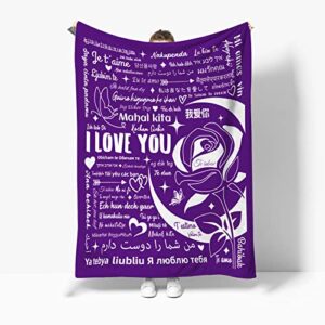 i love you gifts blanket, 100 languages blanket gifts for mom women wife girlfriend mothers day anniversary couple birthday soft warm flannel hugs throw blankets 50"x60" purple