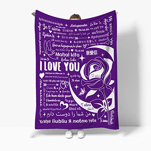 I Love You Gifts Blanket, 100 Languages Blanket Gifts for Mom Women Wife Girlfriend Mothers Day Anniversary Couple Birthday Soft Warm Flannel Hugs Throw Blankets 50"x60" Purple