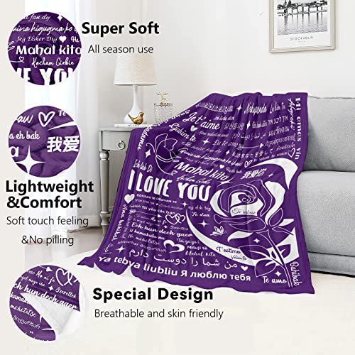 I Love You Gifts Blanket, 100 Languages Blanket Gifts for Mom Women Wife Girlfriend Mothers Day Anniversary Couple Birthday Soft Warm Flannel Hugs Throw Blankets 50"x60" Purple