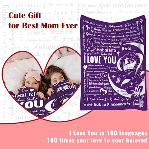 I Love You Gifts Blanket, 100 Languages Blanket Gifts for Mom Women Wife Girlfriend Mothers Day Anniversary Couple Birthday Soft Warm Flannel Hugs Throw Blankets 50"x60" Purple